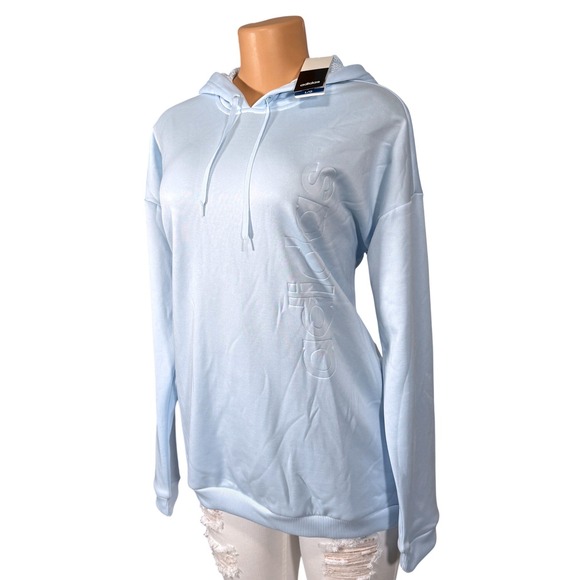 adidas Tops - Adidas Womens Light Blue Embossed Logo Pullover Hoodie Size L NWT